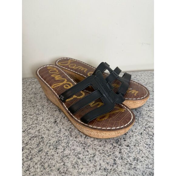 Sam Edelman Women's Rolita Open Toe Slide Platform Wedge Sandals 8.5 Black Leath - Picture 1 of 6